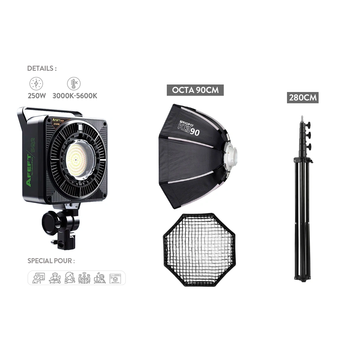 Kit Eclairage Studio AFEFT SQ2 (OCTA K3 90cm) ( 250W / Bi-Color ) – Image 1