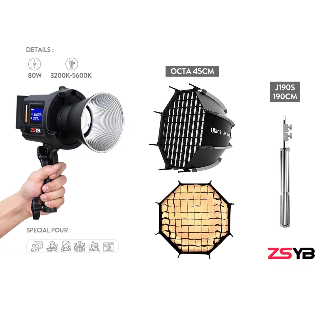 KIT zsyb cl 80 (haba) octa ulanzi 45cm Kit Eclairage Studio ZSYB CL-80Bi ( 80W / Bi-Color ) ( OCTA 45cm ) – Image 1